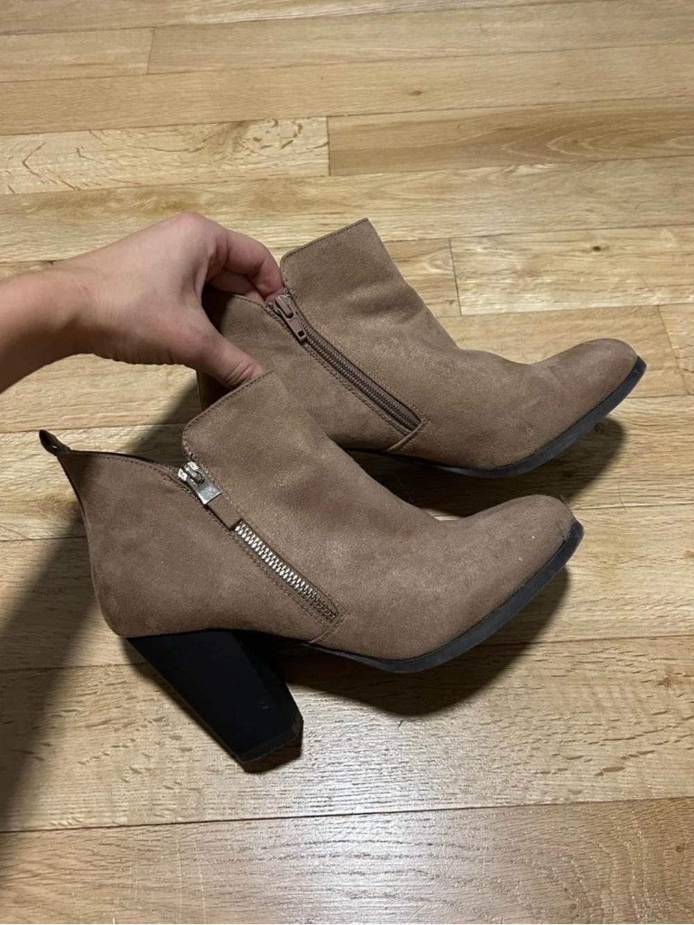 Call It Spring Taupe Suede Ankle Booties with Block Heel